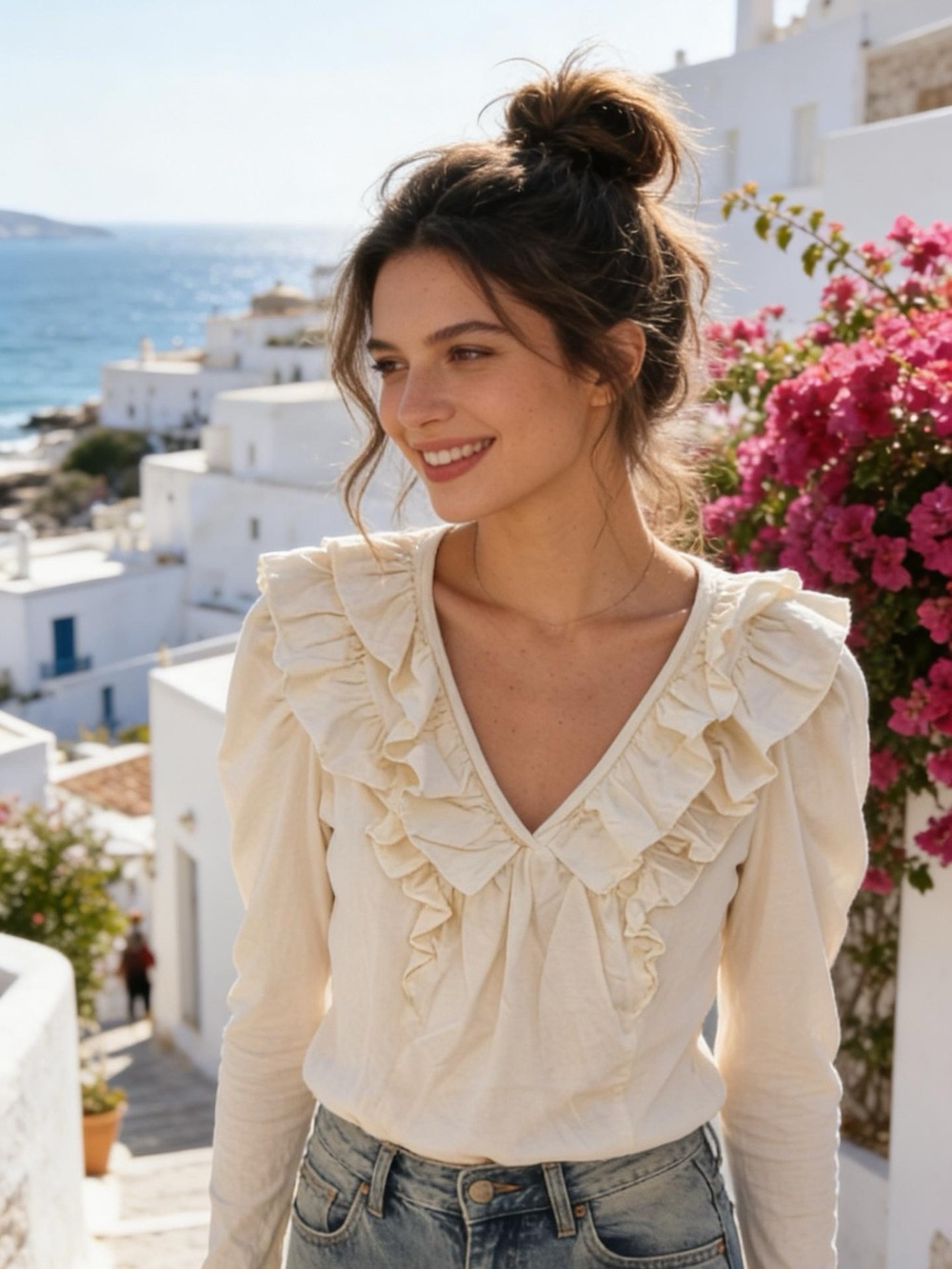 by Anthropologie Ruffle V-Neck Puff Sleeve Knit Top Cream S